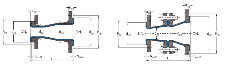 Flange reducers lined with either PTFE, PFA, or PP